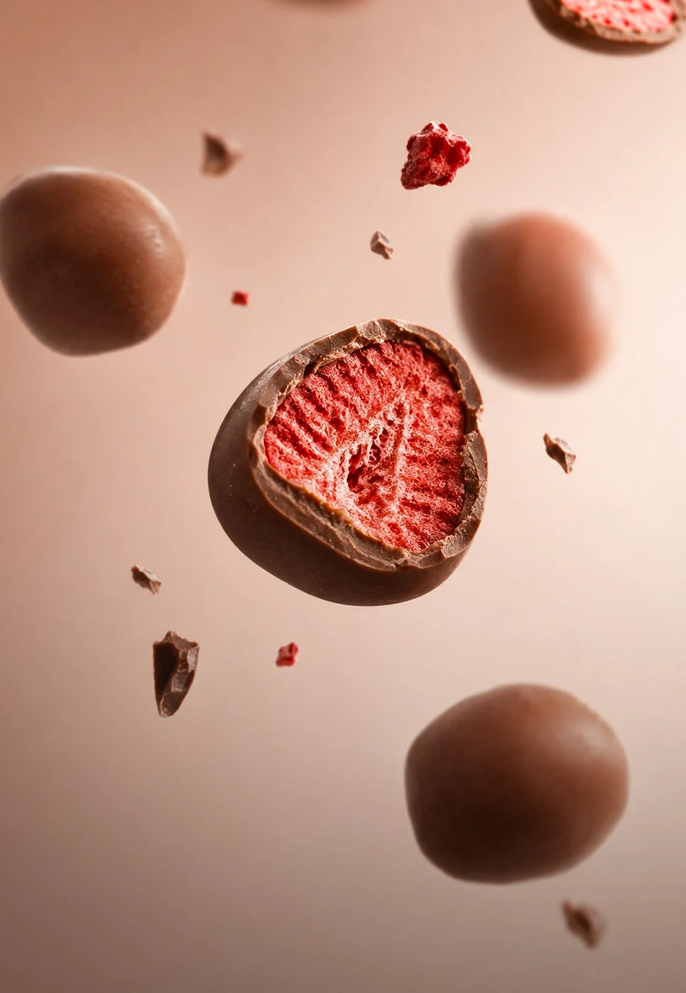 Freeze-dried strawberry in milk chocolate, cut open, floating against a beige background