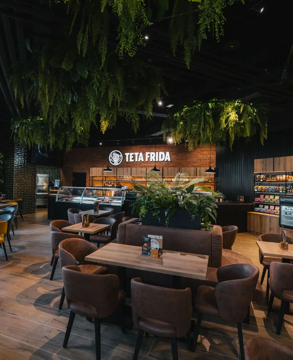 Chocolate café interior with greenery