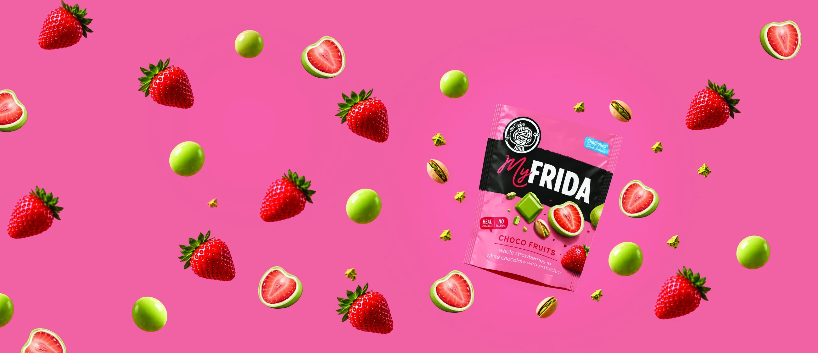 MyFrida Choco Fruits: whole strawberries in white chocolate with pistachio